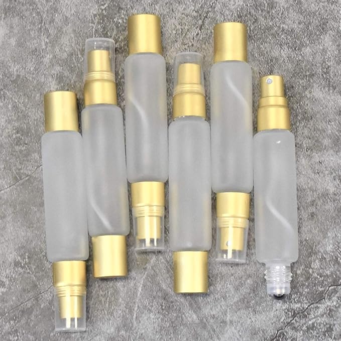 6-Pack Frosted Clear Glass Bottles with Dual Ends – Sprayer & Roller Tops – Leakproof, Quality Essential Oil & Perfume Bottles with Elegant Gold Accents – Refillable Custom Blend Containers