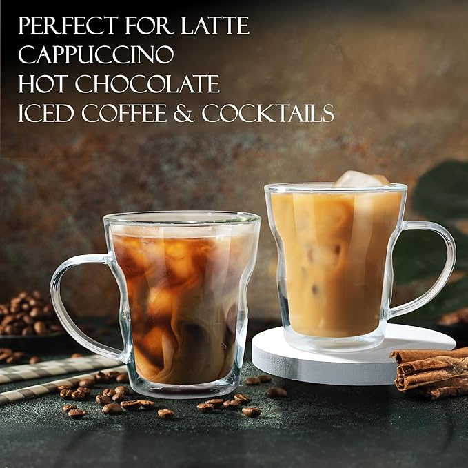 Joeyan 12oz Double Wall Insulated Coffee Mugs - Set of 2, Clear Glass Coffee Mug Espresso Cup with Handle, Perfect for Home Office, Latte, Cappuccino, Beer, Iced Tea Coffee, Hot Chocolate& Gift