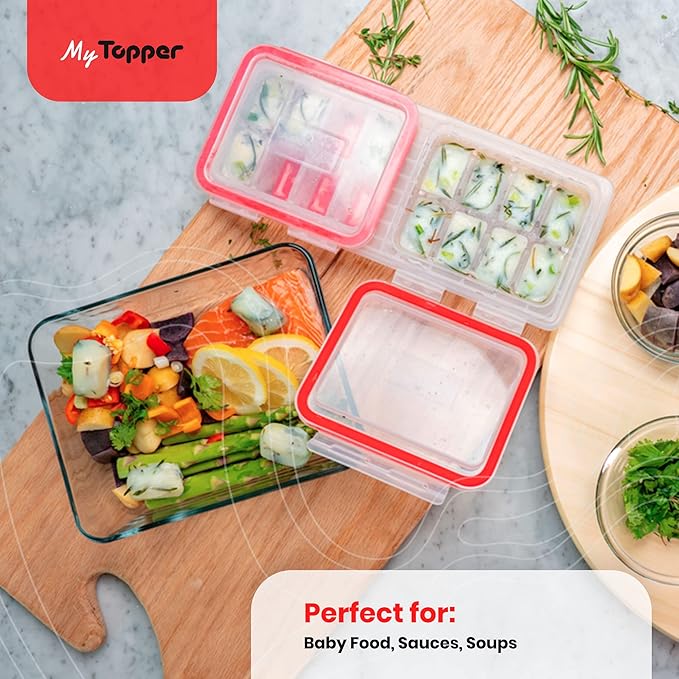 IceTopper Plus Ice Cube Tray with 2 Attached Lids - Easy Release Ice Cube Molds, 16 Cubes per Tray, Stackable & Dishwasher Safe, 100% Food Grade Silicone, BPA Free & Recyclable (2 Pack)