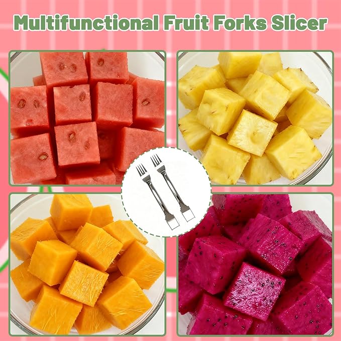 2Pcs Watermelon Fork Slicer Cutter, 2-in-1 Stainless Steel Fruit Watermelon Slicer, Portable Melon Cutter Knife Tool with Grip Handle for Home Party Camping Kitchen Gadget
