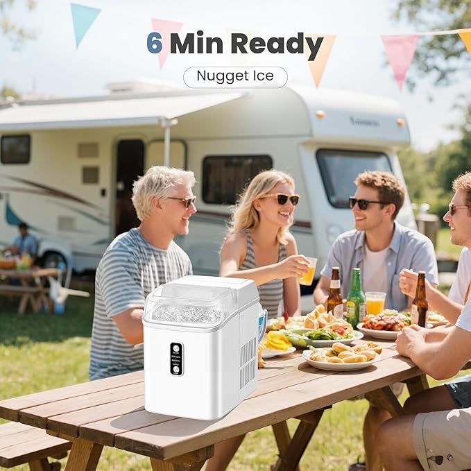 Dumos Nugget Ice Makers,Portable Ice Machine Countertop Ready in 6 Mins, 1.55L Water Tank, Self-Cleaning, for Office, Party, RV, Home, White