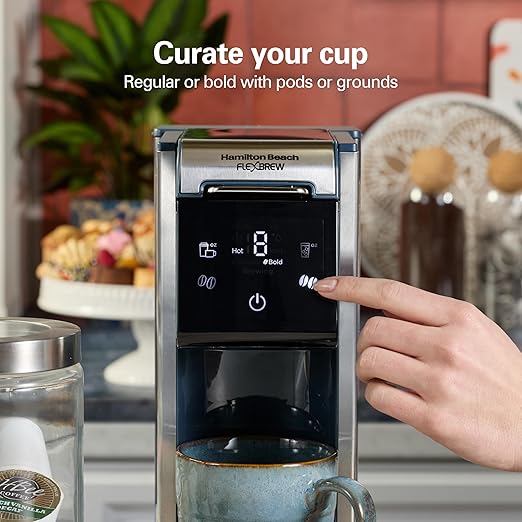 Hamilton Beach FlexBrew Advanced 4-in-1 Single Serve Hot & Iced Coffee Maker with Removable 45 oz. Water Reservoir, Use Pod Packs and Grounds, Fast Brewing, LED Touchscreen, Blue