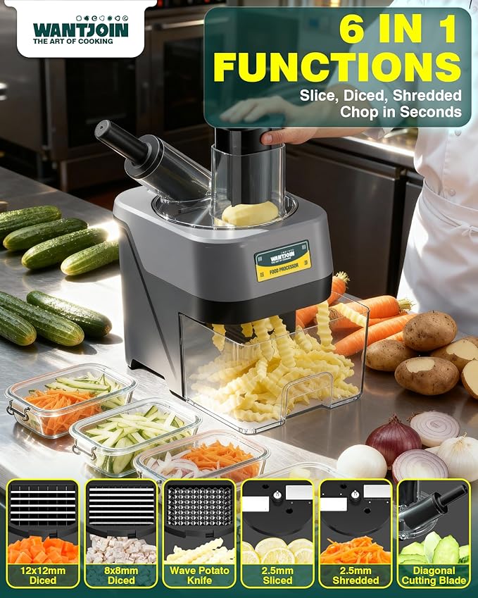 WantJoin 6 in 1 Electric Vegetable Chopper - Multifunctional Commercial Food Processor w/Magnetized Tray, Stainless Steel Blades for Slicing,Dicing,Chopping,Shredding,Wave Cutting,Diagonal Cutting