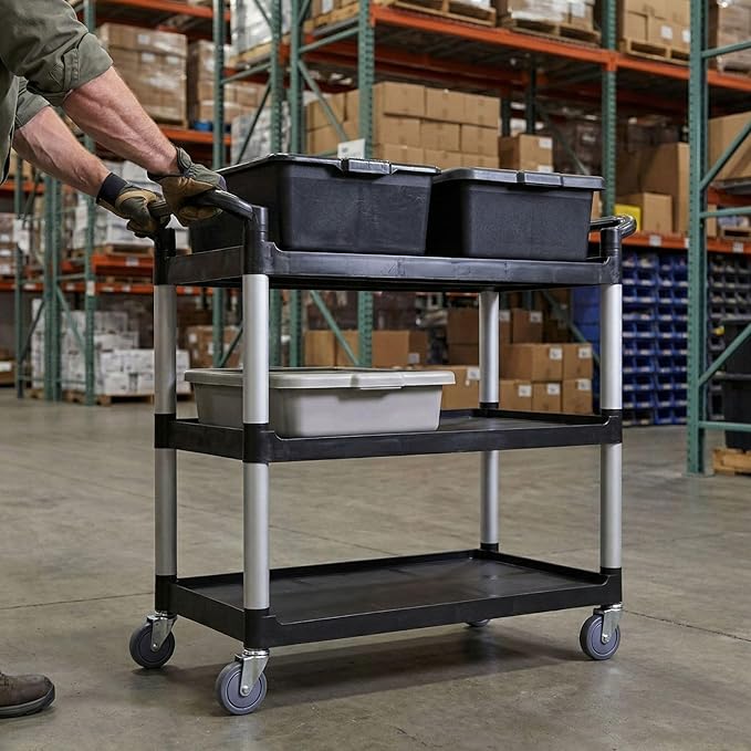 Restaurantware RW Clean 40.2 x 19.7 x 37.8 Inch Utility Cart 1 Rolling Cleaning Cart - Large 4 Shelves Black Plastic Rolling Cart Heavy-Duty For Organization Or Storage