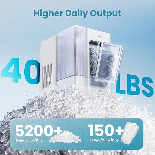 Gevi Adella Nugget Ice Maker 40lbs/Day,Countertop Pellet Ice Machine,Large Gallon Side Water Tank&Self-Cleaning,Pellet Ice Machine with Scoop&Basket for Home/Kitchen/Office