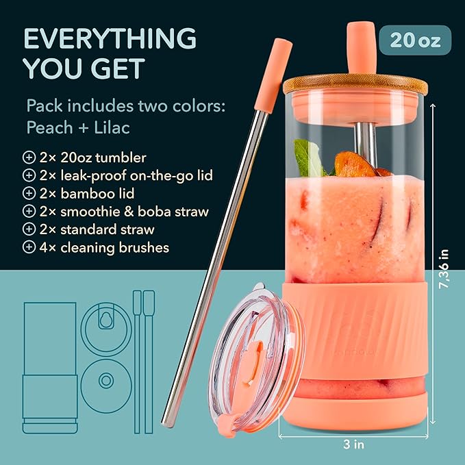 Pandaloo® Glass Cups With Lids and Straws -20 Fl Oz- Perfect Size Iced Coffee Cup - Smoothie Cup With Bamboo Lid and On the go Lid - Glass Tumbler (2 Count (Pack of 1), Peach Fuzz-Lilac Rhapsody)
