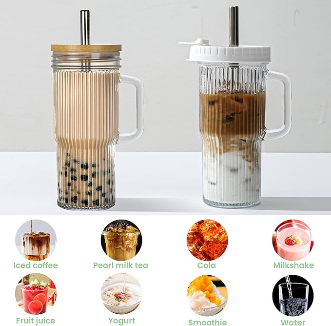 Birity 24oz Ribbed Glass Cup with Lids and Straws,2Pack Glass Tumbler with Handle,Reusable lced Coffee Cups with lids-Glass Cups with Lids,Mason Jar Cup for Smoothie,Coffee,Juice,Water,Tea,Travel Mug