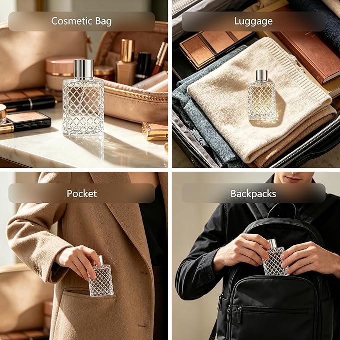 100ML 3.4oz Glass Spray Bottles for Essential Oils, Perfumes, Empty Clear Mist Spray Bottle with Silver Aluminum Sprayer - (1Pack) Funnel Filler 3ml Dropper Storage Gift Bag