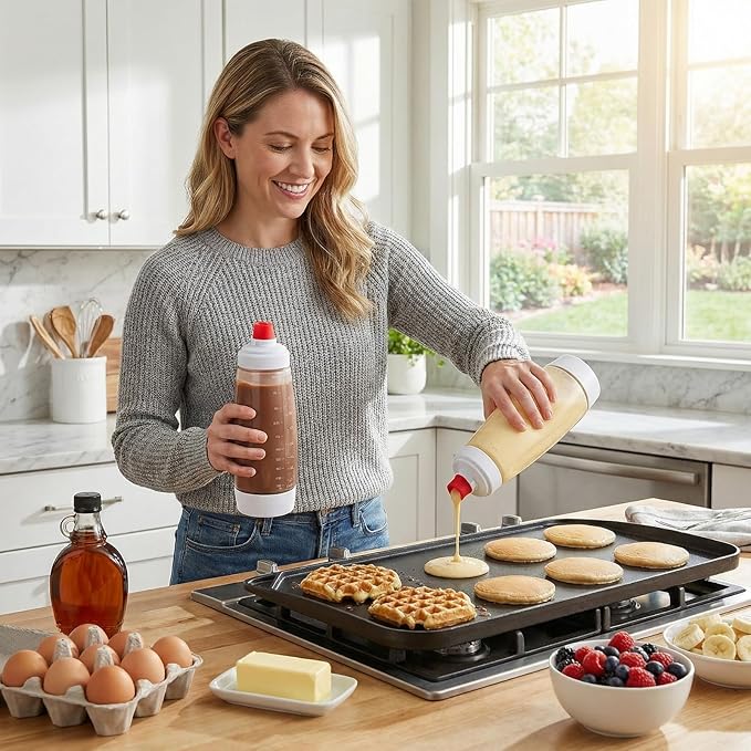 2 Pack Pancake Batter Dispenser & Mixer Bottle with Wire Whisk Ball - Squeeze Dispenser for Batter, Waffles, Cupcakes, Crepes - Heat Resistant Silicone Tip, BPA Free Baking Tool for Blackstone Griddle