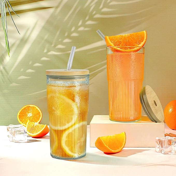 Joeyan 24 oz Clear Glass Tumbler with Straw and Bamboo Lid,Ribbed Large Glasses Cups for Iced Tea Coffee Smoothie Water Juice Beverages Soda,Thickened Drinking Jar,Set of 2,Dishwasher Safe