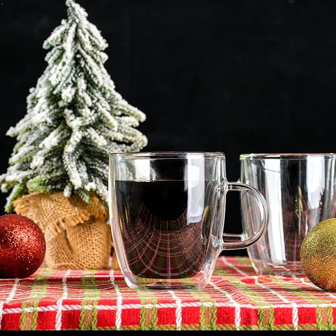 Wlasss Double Wall Insulated Glass Coffee Mugs set of 4-13 oz Clear Hand Blown Glass Coffee Cups with Handle for Cappuccino, Latte,Espresso,Tea Bags,Americano,Beverages, Gifts for Christmas