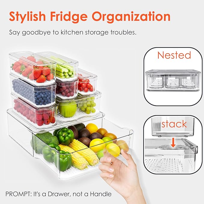SMRCAD Fridge Organizers and Storage, 8 Pack Clear Freezer Organizer Bins with Lids for Kitchen, Pantry, Refrigerator, Food, Fruit, Vegetable Storage (8 Bins (Include Pull-out Drawer))