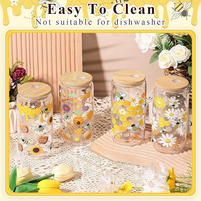 Mumufy 4 Pack Glass Cup with Bamboo Lid & Straw, 16 oz Iced Coffee Tumbler Set of 4, Honey Bee Floral Glass Cups, Reusable Clear Drinking Glasses for Iced Coffee, Tea, Smoothies, Gift for Women
