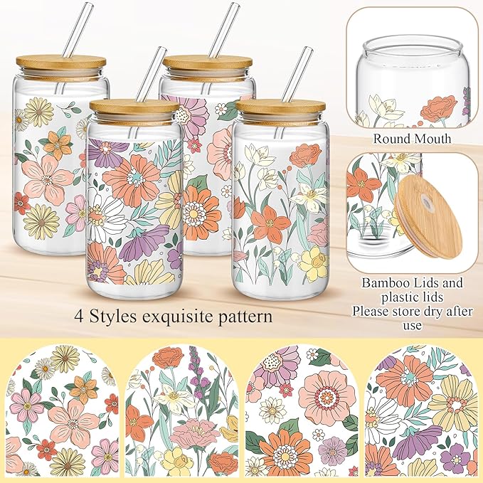 Mumufy 4 Pack Gift for Women Bohemian Flower Cute Glass Cup Tumbler Boho Floral Iced Coffee Mugs 16 oz Glass with Bamboo Lid & Straw, Mothers Day Birthday Gift for Mom Sister Bridesmaid Baby Shower