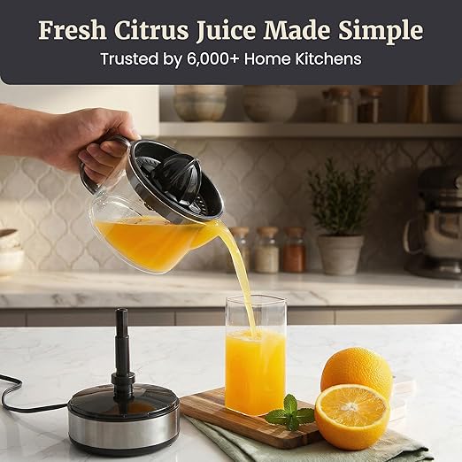 Elite Gourmet BPA-Free 40-Watt Electric Citrus Juicer, Compact, Large Volume, Pulp Control, Oranges, Lemons, Limes, Grapefruits with Easy Pour Spout, 24oz, Black/Stainless Steel