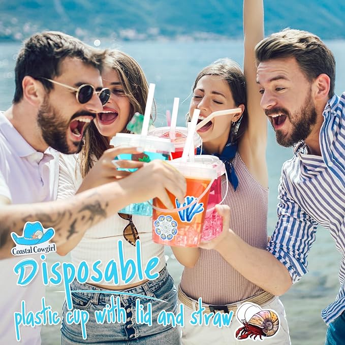 Funnymoom 30 Set Ocean Drink Buckets with Lids and Straws 34oz Large Clear Plastic Disposable Cups Bulk Rum Cocktail Pails with Handles & Stickers for Adult Summer Coastal Beach Pool Party Supplies