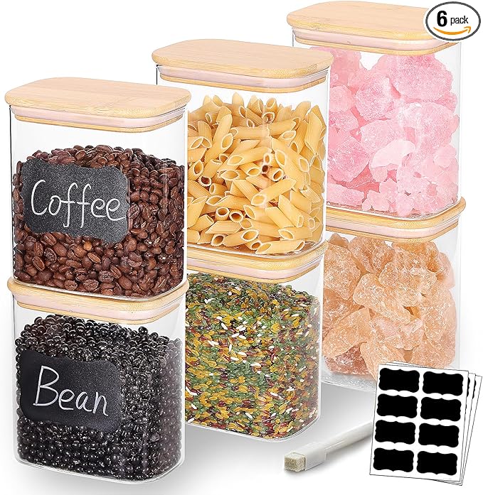 Tzerotone 33OZ Airtight Glass Food Storage Containers with Lids - Set of 6 for Pantry, Cereal, Flour & Rice Dispensing - Rectangle Shapes with Bamboo Lids - Ideal for Kitchen Organization & Meal Prep