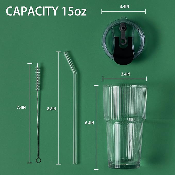 BLUEPOLAR 450ml/15oz Ribbed Glass Tumbler,Thickened Glass Cup with Leak-Proof Lid & Straw, BPA-Free, Suitable for Coffee, Matcha, Juice - Fits Car Cup Holder, Office & Travel Use (Clear)