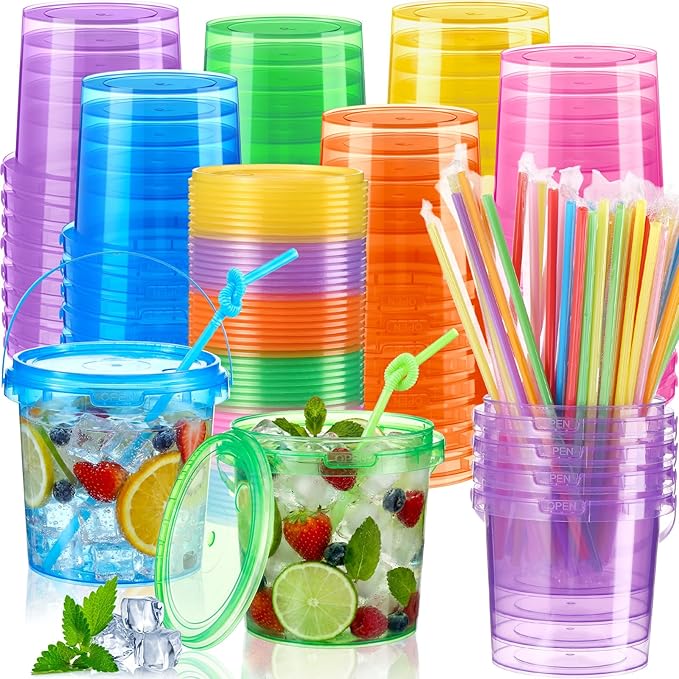 Funnymoom 48 Pack 34 oz Plastic Rum Buckets Bulks for Drinks with Straws Reusable Ice Cream Cocktail Cups Neon Party Bucket with Lids Handles Food Containers Cup for Summer Beach Bar Beer