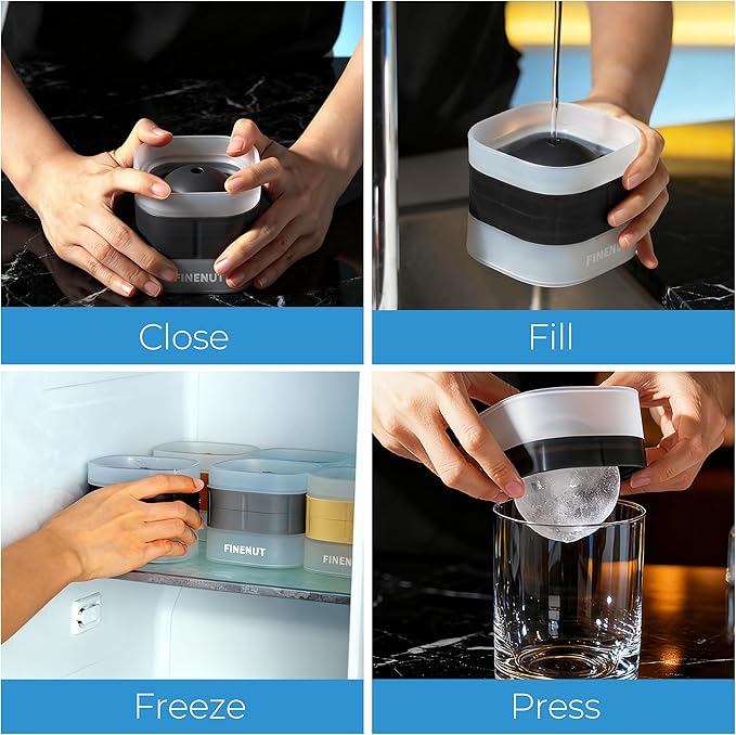 Easy Release Ice Ball Maker Mold, 4 Pack, 2.5 Inch Large Round Ice Cube Mold for Whiskey & Cocktails, Stackable Lid, Reinforced Leak-Resistant Silicone, BPA-Free