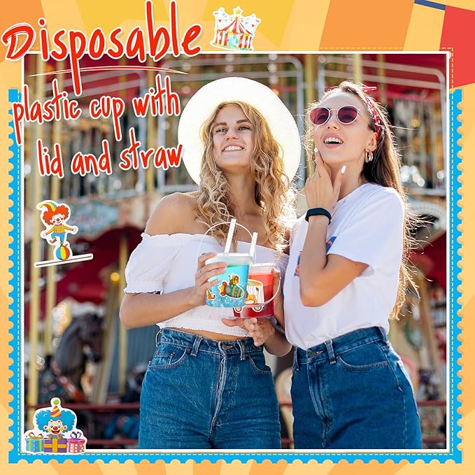Funnymoom 30 Set Carnival Circus Drink Buckets with Lids and Straws 24oz Clear Disposable Plastic Cups Rum Cocktail Pails with Handles & Cups for Adult Party Favors, Vintage Theme Party Supplies