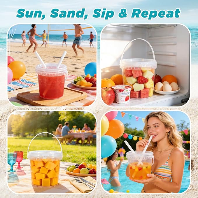 Clear Plastic Cups with Lid and Straw, Reusable Drink Bucket with Handle for Iced Coffee, Smoothie, Ice Cream - Sturdy Food Safe Party Cups for Pool, Beach, Birthday Parties (8Pack, 38 oz)