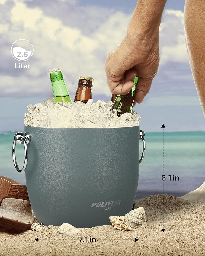 POLIVIAR Ice Bucket, 2.5L Double Wall Ice Bucket with Lid, Stainless Steel Ice Bucket with Tong & Strainer, Ice Bucket for Cocktail Bar, Home & Parties, JX2023-IBLU