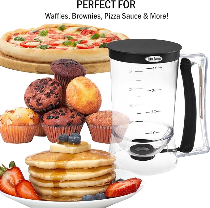 Pancake Batter Dispenser - 4-Cup Batter Dispenser with Squeeze Handle for Pancakes, Waffles, Muffins, and Crepes - Baking Tools (Black)