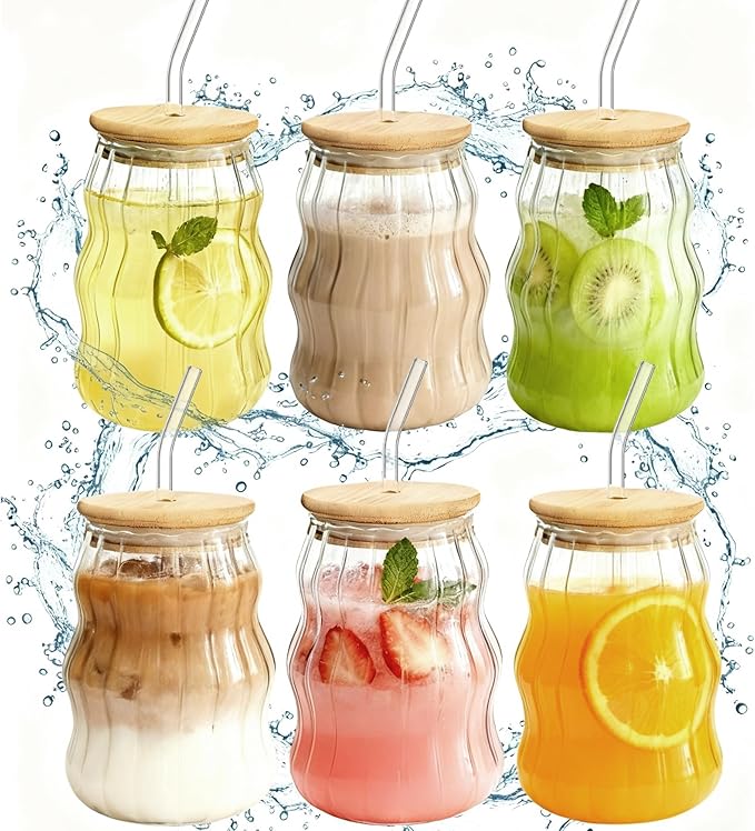 6 Packs Cute Glass Tumbler with Lid and Straw 16 oz Cute Ice Coffee Cup Set Bulk Vasos de Vidrio Con Tazas Para Cafe Cocina Accesorios Home Bar Accessories New Home House Warming Gift Kitchen Stuff
