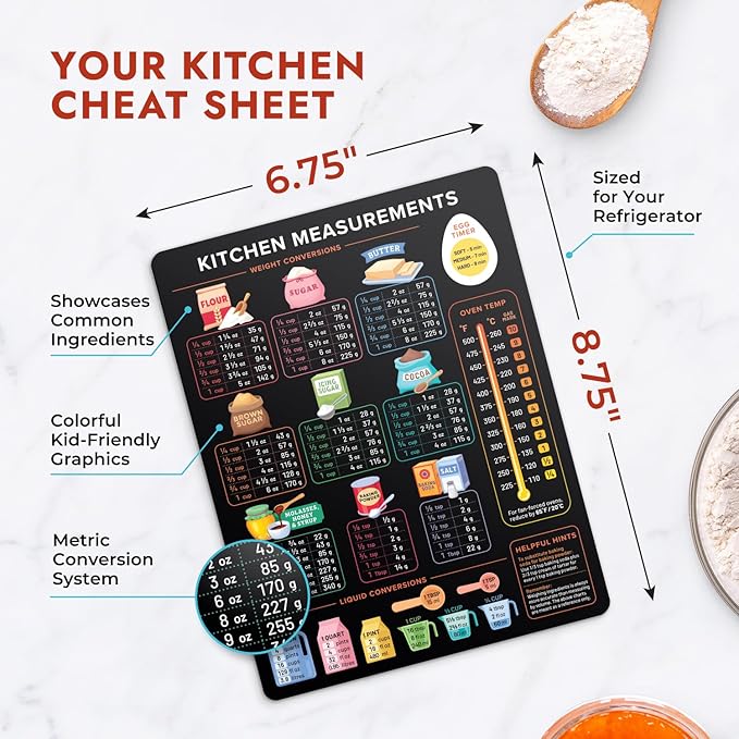 Levain & Co Kitchen Conversion Chart Magnet - Dark for Easier Cooking & Baking - Vintage Useful Gadgets - Cute Accessories - Cooking & Baking Accessories - Gifts for Bakers