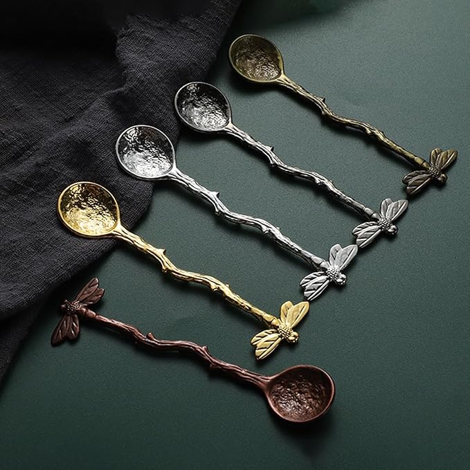 Retro Dragonfly Spoons Coffee Spoon Teaspoon Stainless Steel Tableware Creative Sugar Tea Spoon Stir Bar, Long Handle Spoons Kitchen Gadget Antique (Antique Bronze)