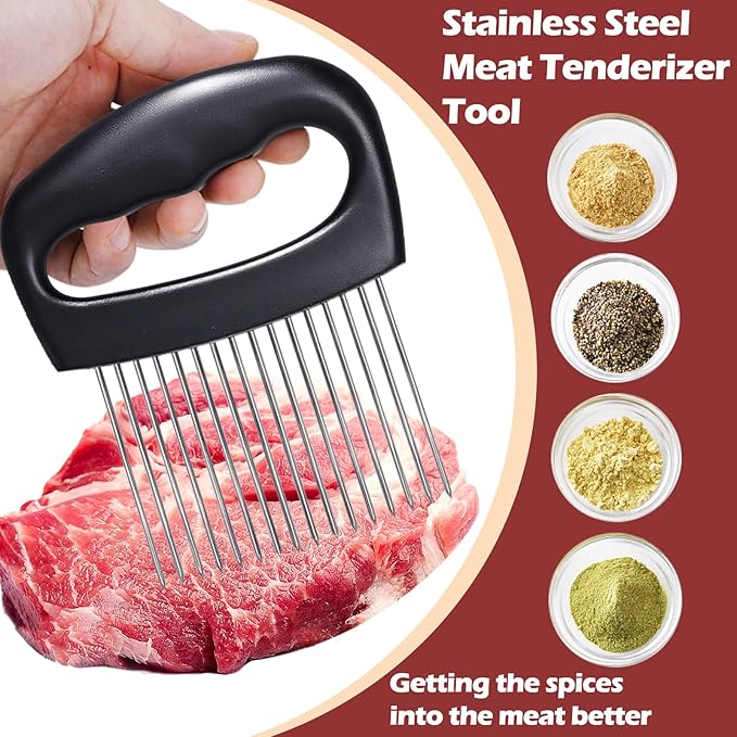 Hendiy Extra-Large Onion Holder for Slicing, Tomato Slicer with 16 Long Needles, Stainless Steel Onion Cutter Vegetable Chopper, Extra-Large Tomato Potato Slicer, Meat Tenderizer, Food Slicing Guide