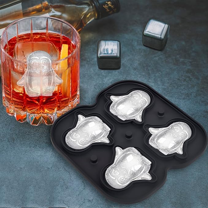 Penguin Ice Cube Tray Mold - 3D Penguin Shape Ice Cube Trays, Cute Ice Cube Molds for Whiskey Bourbon, 4-Hole Large Fun Shapes Ice Cube Trays, Funny Penguin Gifts for Penguin Lovers Women Men
