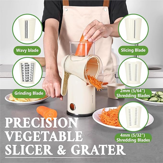 Rotary Cheese Grater with Handle – Multi-Purpose Vegetable Shredder with 5 Interchangeable Blades, Strong Suction Base & Storage Box – Round Mandoline Slicer and Food Chopper for Kitchen