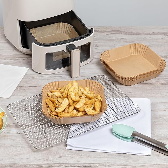 Restaurantware-Pastry Tek 6.3 x 6.3 x 1.8 Inch Air Fryer Liners, 100 Square Air Fryer Baskets - No-Stick Silicone Coating, Unbleached, Food-Grade Paper Liners, For Steamer, Microwave, Oven, Fry Pan