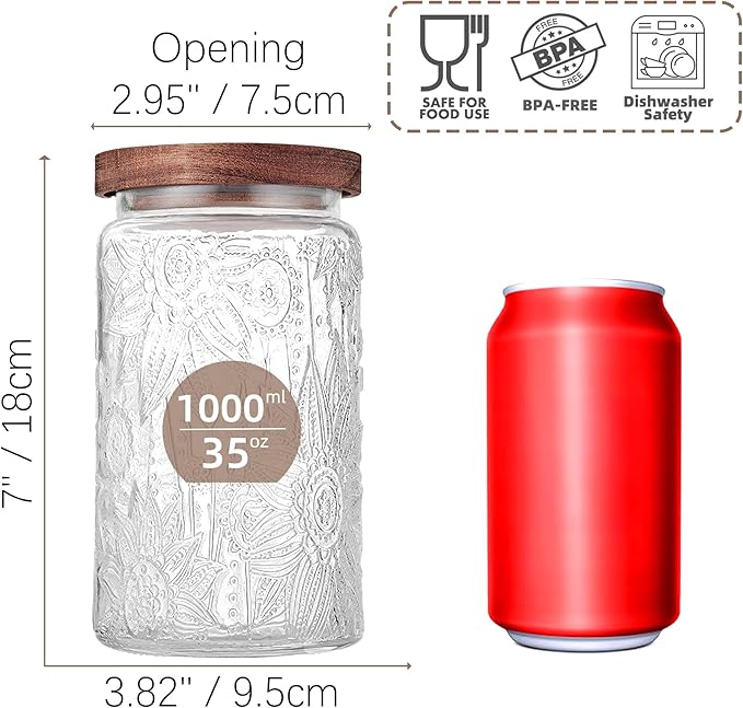 Custde Glass Storage Jars With Airtight Lid, 35oz Container For Kitchen Counter with Wooden Lid, brown sugar, candy, coffee, cookie, salt, tea, cute Jar (35oz Large Sunflower)