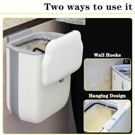 Soddeph 3.2 Gallon Collapsible Trash Bin with Lid for Hanging, Kitchen Waste Bin, Wall-Mounted Plastic Garbage Can for Counter, Under Sink, RV (Beige with lid)