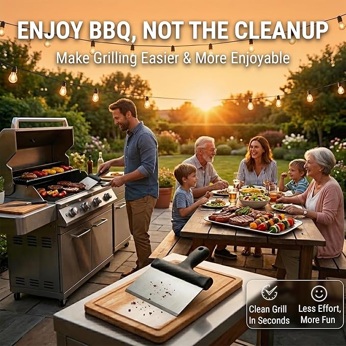 Grill Scraper, Stainless Steel Food Scraper with Handle – Heavy Duty Grill Scraper for Outdoor Grill, Flat Top Grill Cleaner, BBQ Tools & Accessories for Easy Grease and Stain Removal (Style 02)