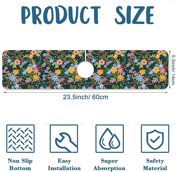 Colorful Flower Kitchen Sink Splash Guard Faucet Mat Flowers Leaves Super Absorbent Fast Drying Mat Sink Splash Guard Behind Faucet for Kitchen Bathroom, 23.5"x5.5"
