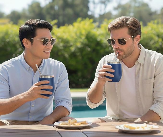 CHILLOUT LIFE 12 oz Stainless Steel Wine Tumblers 4 Pack - Double Wall Vacuum Insulated Wine Cups with Lids and Straws Set for Coffee, Wine, Cocktails - Powder Coated Navy Blue