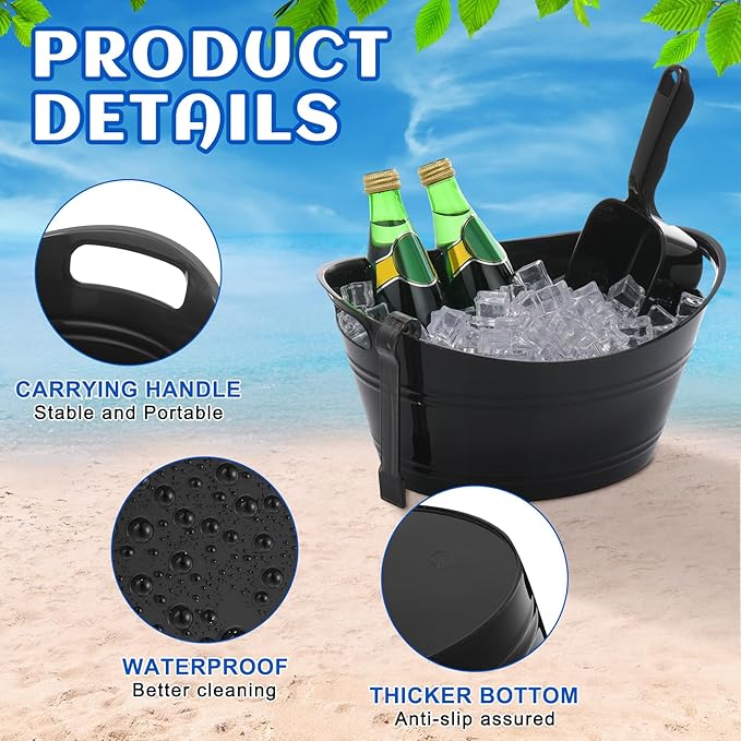 Zhehao 10 Pcs Ice Bucket for Parties 4.5 l Oval Beverage Tub with 5 Plastic Ice Scoops and 5 Tongs Champagne Bucket for Beer Wine Cocktail Beverage Bar Banquet Family Gathering (Small Scoops, Black)