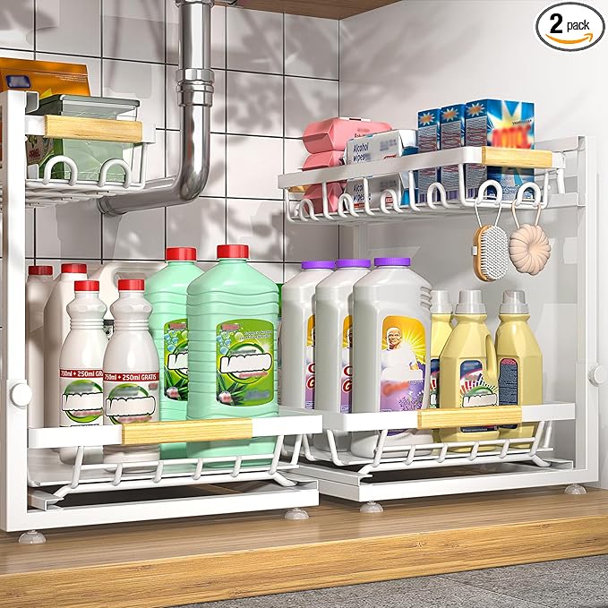 Sevenblue 2 Packs Under Sink Organizer, Height Adjustable 3 Tier Under Kitchen Sink Organizer, Multi-Purpose Storage Shelf for Kitchen Bathroom Cabinet (White, Large)