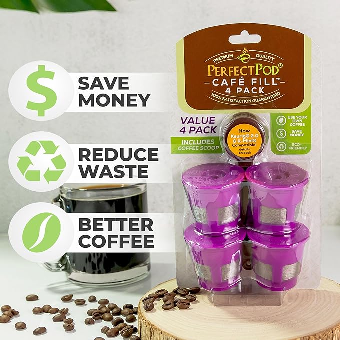 Cafe Fill 4-Pack 1-Stream Reusable Refillable Coffee Pod Filter Capsules Plus Coffee Scoop by Perfect Pod - Compatible with Keurig and Select Single Serve Coffee Makers, Replacement for K Cups
