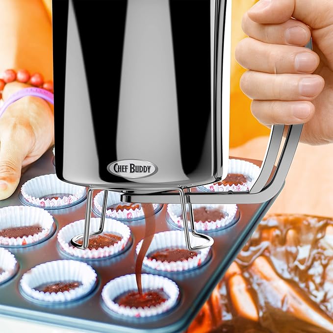 Classic Cuisine Pancake Batter Gourmet Stainless-Steel Pourer-Perfect for Baking Cupcakes, Waffles, Cakes, and Muffins-No Drip Dispenser, 4.25" x 6.25" x 5", Silver,265349MKK