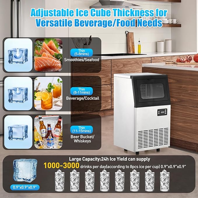 Commercial Ice Maker Machine, 110 LBS/24H with 18 LBS Bin Stainless Steel Automatic Operation Commercial Ice Machine for Home Bar, Include Water Filter, Scoop, Connection Hose