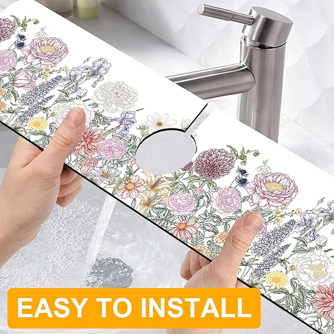 2 Pack Butterfly Floral Sink Splash Guard Faucet Mat Rose Lily Tulip Peony Super Absorbent Fast Drying Mat Sink Gadgets-Splash Guard Behind Faucet Drip Catcher for Kitchen Bathroom, 23.5"x5.5"