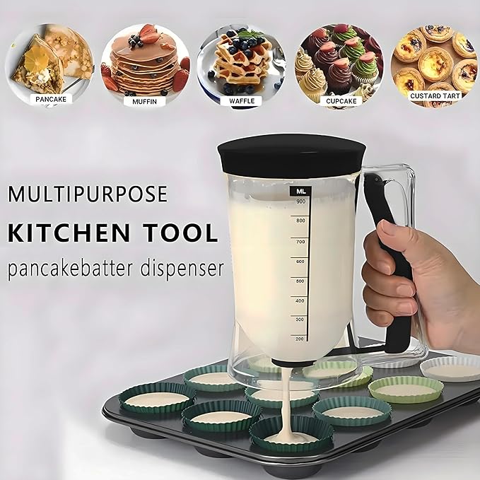 Pancake Batter Dispenser with Measuring Label, 4 Cup Capacity, 900ml With Squeeze Handle Kitchen Dispenser Bottle for Pancakes, Waffles, Muffins (Black)