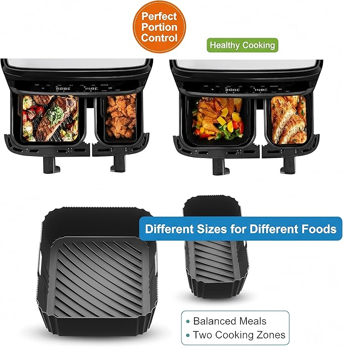 Silicone Air Fryer Liners 2 Pack, 1 Large and 1 Small, for Philips Dual Basket Air Fryer 3000 Series NA350 NA351, Reusable Asymmetrical Dual Drawer Air Fryer Liners, BPA-Free Air Fryer Accessories