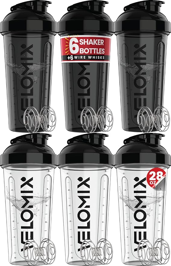 VELOMIX -6 PACK- 28 oz Protein Shaker Bottle for Protein Mixes -6x Wire Whisk | Leak Proof Shaker Cups for Protein Shakes | Large, Stackable Protein Shaker Bottle Pack