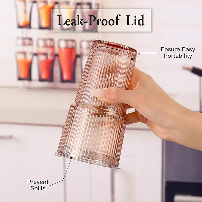 6PCS Venus Ribbed Glass Cups with Lids and Straws, 20oz Vintage Drinking Glasses, Aesthetic Iced Coffee Cups, Glass Tumbler for Boba, Beer, Tea, Cocktails, Brown Ribbed Glassware Set (Venus-6)